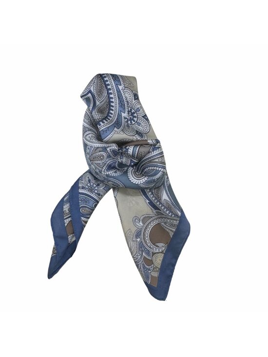 ✨Luxury Elegant Silky Square Scarf Navy Blue Silver Gray Tan Paisley Print Wrap✨ - Picture 3 of 6